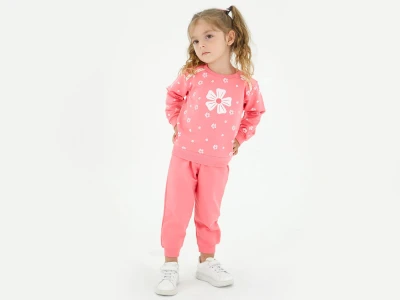 Toptan BICIR KİDS Çiçek Desenli Kız Takım PEMBE - Beniz Bebe