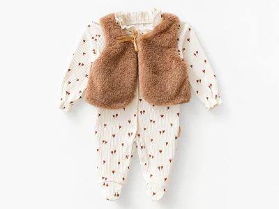 Toptan BOM-BİBO Çiçek Desenli Peluş Yelekli Bebek Tulum - Toptan Çocuk Giyim Beniz Kids