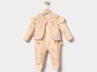Toptan CAYZEN Çiçek Desenli Peluş Yelekli Kız Bebek Tulum - Toptan Çocuk Giyim Beniz Kids