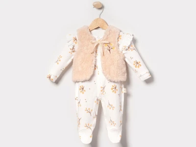 Toptan CAYZEN Çiçek Desenli Peluş Yelekli Kız Bebek Tulum BEYAZ - Beniz Bebe