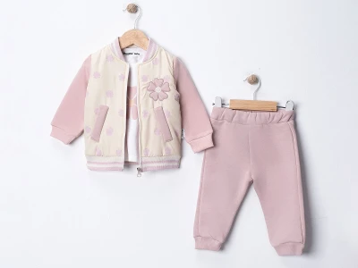 Toptan MİNİTİX Çiçek Desenli Şardonlu 3 İp Kız Bebek Takım GÜLKURUSU - Beniz Bebe