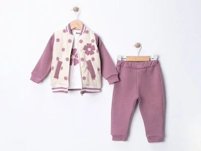Toptan MİNİTİX Çiçek Desenli Şardonlu 3 İp Kız Bebek Takım MÜRDÜM - Beniz Bebe