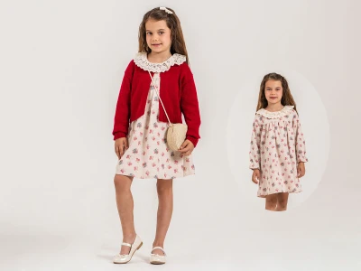 Toptan PAMPAL KİDS Çiçek Desenli Triko Hırkalı Çantalı Elbise - Toptan Çocuk Giyim Beniz Kids