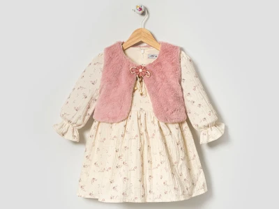 Toptan EBRULİ Çiçek Desenli Well Soft Yelekli Kız Elbise  GÜLKURUSU - Beniz Bebe