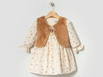 Toptan EBRULİ Çiçek Desenli Well Soft Yelekli Kız Elbise  KAHVERENGİ - Beniz Bebe