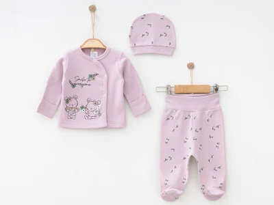 Çiçek Desenli Yenidoğan Bebe Üçlü Zıbın Set