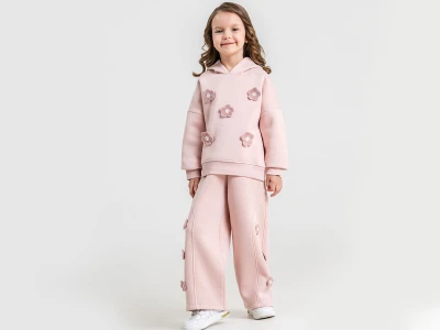 Toptan PAMPAL KİDS Çiçek Detaylı 3 İp Şardonlu Kız Takım  - Toptan Çocuk Giyim Beniz Kids