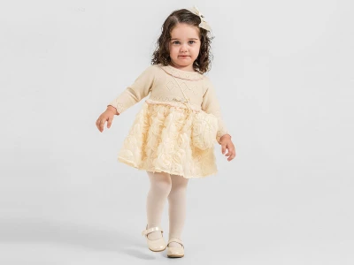 Toptan COCOSİSS Çiçek Detaylı Çantalı Bebek Elbise Пломбир - Beniz Bebe