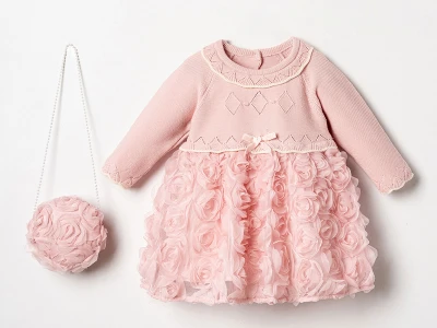 Toptan COCOSİSS Çiçek Detaylı Çantalı Bebek Elbise Розовый - Beniz Bebe