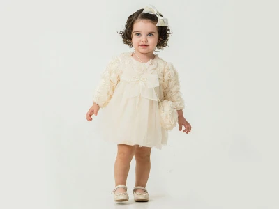 Toptan COCOSİSS Çiçek Detaylı Çantalı Elbise Пломбир - Beniz Bebe