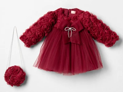 Toptan COCOSİSS Çiçek Detaylı Çantalı Elbise Бургундия - Beniz Bebe