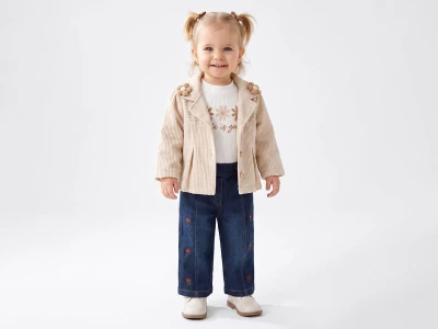 Toptan CANÖZ Çiçek Detaylı Ceketli 3'lü Kız Takım - Toptan Çocuk Giyim Beniz Kids