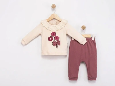 Toptan MİNİMAİ Çicek Detaylı Kız Bebek Takım MÜRDÜM - Beniz Bebe