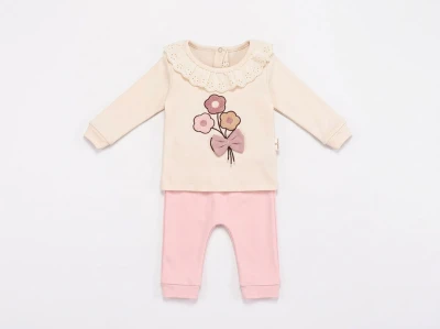 Toptan MİNİMAİ Çicek Detaylı Kız Bebek Takım PUDRA - Beniz Bebe