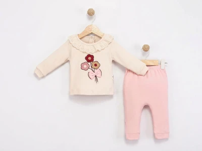 Toptan MİNİMAİ Çicek Detaylı Kız Bebek Takım PEMBE - Beniz Bebe