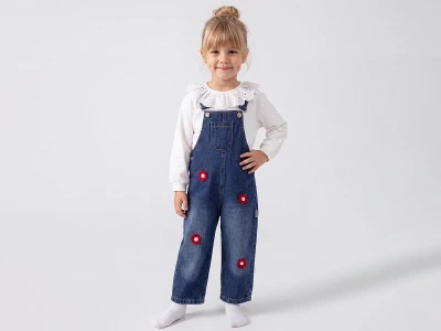 Toptan ÇİLEK BEBE Çiçek Detaylı Kot Bahçıvan Kız Salopet Set СИНИЙ - Beniz Bebe