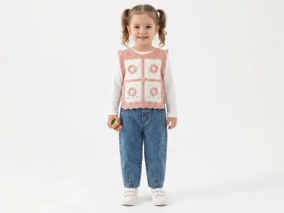 Toptan ÇİLEK BEBE Çiçek Detaylı Trikolu Üçlü Kız Takım PUDRA - Beniz Bebe