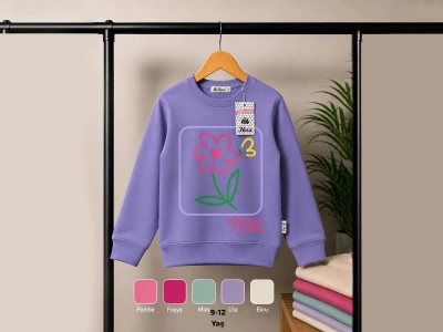 Toptan SFK TEKSTİL (İKRA) Çiçek Kalp Baskılı 2 İp Şardonsuz Kız Sweat  - Toptan Çocuk Giyim Beniz Kids