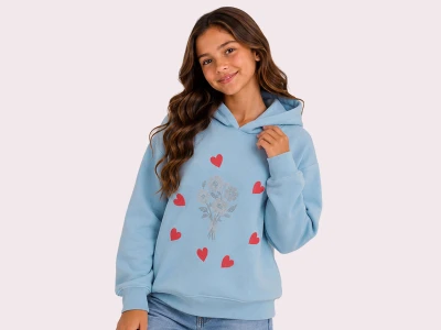 Toptan ROYA KİDS Çiçek & Kalp Baskılı Kapşonlu 3 İp Şardonlu Kız Sweat  - Toptan Çocuk Giyim Beniz Kids