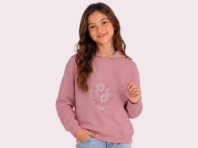Toptan ROYA KİDS Çiçek & Kalp Baskılı Kapşonlu 3 İp Şardonlu Kız Sweat  GÜLKURUSU - Beniz Bebe