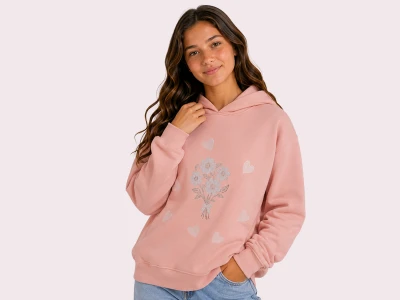 Toptan ROYA KİDS Çiçek & Kalp Baskılı Kapşonlu 3 İp Şardonlu Kız Sweat  PEMBE - Beniz Bebe