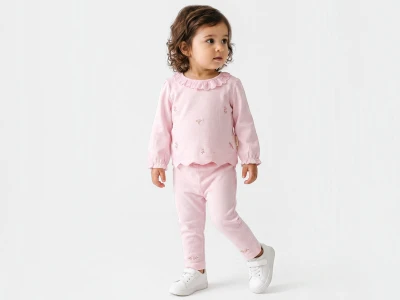 Toptan BAM-BİNO Çiçek Nakış Desenli Kız Bebe Takım  - Toptan Çocuk Giyim Beniz Kids