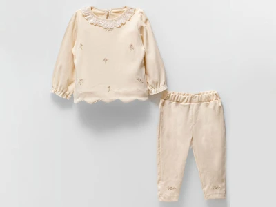 Toptan BAM-BİNO Çiçek Nakış Desenli Kız Bebe Takım  Cream - Beniz Bebe