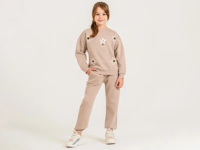 Toptan YAVRUCAK Çiçek Nakışlı 3 İp Şardonlu Kız Takım  - Toptan Çocuk Giyim Beniz Kids
