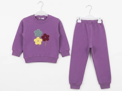Toptan CMK Çiçek Nakışlı 3 İp Şardonlu Kız Takım  - Toptan Çocuk Giyim Beniz Kids