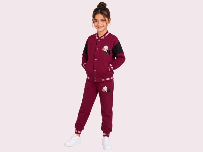 Toptan ROYA KİDS Çiçek Nakışlı 3 İp Şardonlu Kız Takım  MÜRDÜM - Beniz Bebe