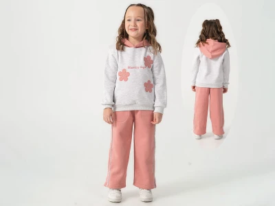 Toptan BURÇ BEBE Çiçek Nakışlı 3 İp Şardonlu Kız Takım  - Toptan Çocuk Giyim Beniz Kids