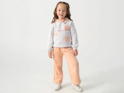 Toptan BURÇ BEBE Çiçek Nakışlı 3 İp Şardonlu Kız Takım  SOMON - Beniz Bebe