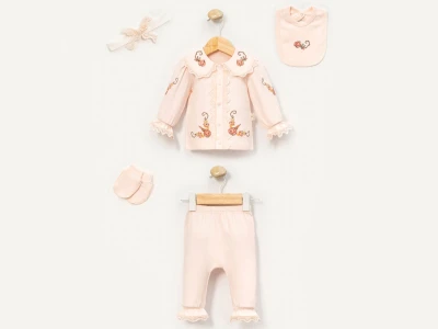 Toptan CAYZEN Çiçek Nakışlı 5li Kız Yenidoğan Zıbın Set - Toptan Çocuk Giyim Beniz Kids