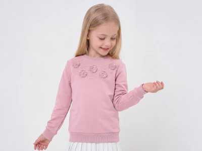 Toptan ENJOY BABY Çiçek Nakışlı Boncuk Detaylı 2 İp Şardonlu Kız Sweat  - Toptan Çocuk Giyim Beniz Kids
