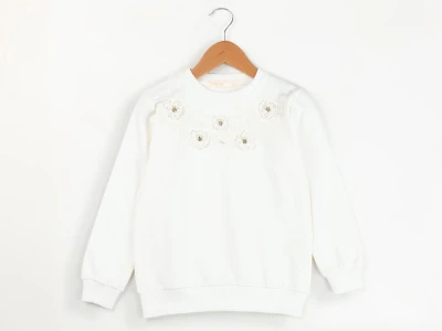 Toptan ENJOY BABY Çiçek Nakışlı Boncuk Detaylı 2 İp Şardonlu Kız Sweat  SİYAH - Beniz Bebe