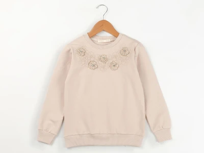 Toptan ENJOY BABY Çiçek Nakışlı Boncuk Detaylı 2 İp Şardonlu Kız Sweat  BEJ - Beniz Bebe