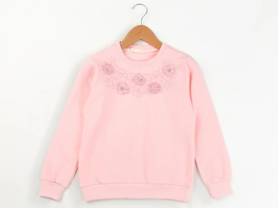 Toptan ENJOY BABY Çiçek Nakışlı Boncuk Detaylı 2 İp Şardonlu Kız Sweat  PEMBE - Beniz Bebe