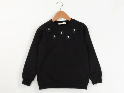Toptan ENJOY BABY Çiçek Nakışlı Boncuk Detaylı 2 İp Şardonlu Kız Sweat  SİYAH - Beniz Bebe