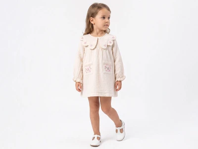Toptan BAM-BİNO Çiçek Nakışlı Cepli Yakalı Elbise  - Toptan Çocuk Giyim Beniz Kids