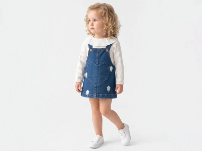 Toptan BAM-BİNO Çiçek Nakışlı Çizgili Kız Bebe Kot Elbise  - Toptan Çocuk Giyim Beniz Kids