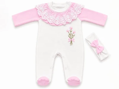 Toptan PAMUŞ MODA BABY Çiçek Nakışlı Dantel Detaylı Tokalı Kız Bebe Tulum  - Toptan Çocuk Giyim Beniz Kids