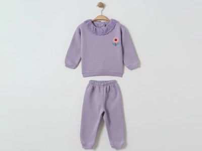 Toptan ÇITIR KİDS Çiçek Nakışlı Dantel İşlemeli 3 İp Şardonlu Kız Bebe Takım  - Toptan Çocuk Giyim Beniz Kids