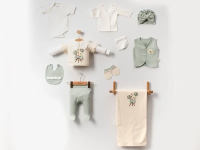 Toptan CAYZEN Çiçek Nakışlı Dantelli Kız 10lu Hastane Çıkışı Zıbın Set YEŞİL - Beniz Bebe