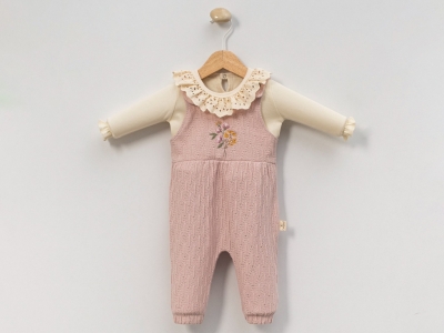 Çiçek Nakışlı İkili Kız Bebe Salopet 