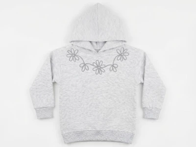 Toptan CMK Çiçek Nakışlı Kapşonlu 3 İp Şardonlu Kız Sweat  GRİ - Beniz Bebe