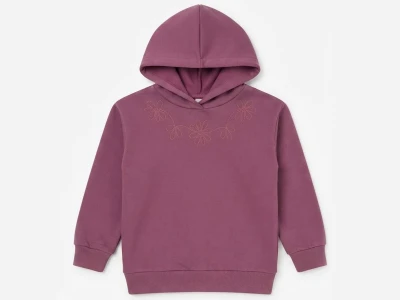 Toptan CMK Çiçek Nakışlı Kapşonlu 3 İp Şardonlu Kız Sweat  VİŞNEÇÜRÜĞÜ - Beniz Bebe