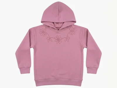 Toptan CMK Çiçek Nakışlı Kapşonlu 3 İp Şardonlu Kız Sweat  PEMBE - Beniz Bebe