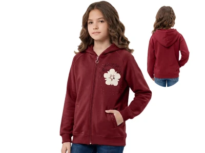 Toptan ROYA KİDS Çiçek Nakışlı Kapşonlu Cepli 3 İp Kız Hırka  - Toptan Çocuk Giyim Beniz Kids