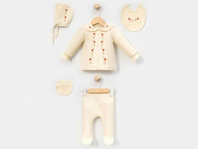 Çiçek Nakışlı Kız Bebe Hastane Çıkışı 5li Set