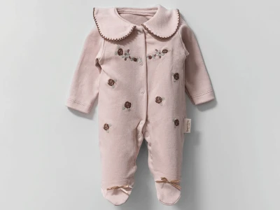 Toptan BAM-BİNO Çiçek Nakışlı Kız Bebe Tulum KAHVERENGİ - Beniz Bebe